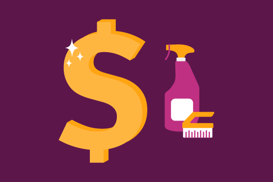 An illustration of a dollar sign and a bottle of cleaner