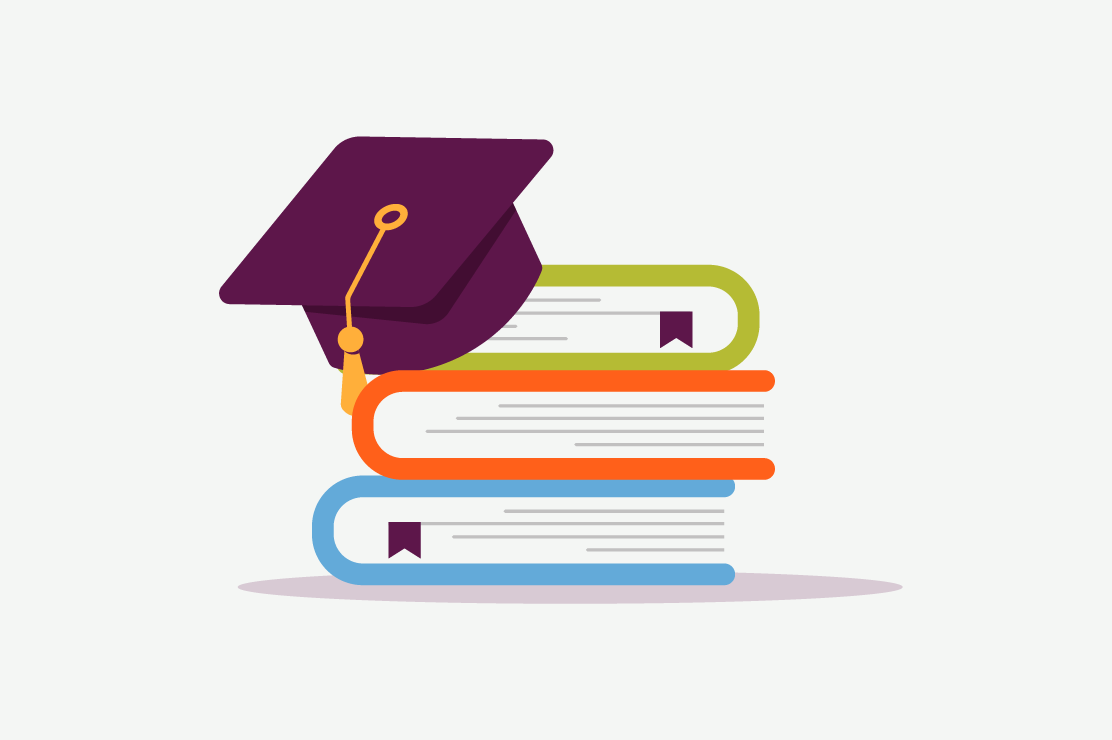 Illustration of a mortarboard resting on textbooks