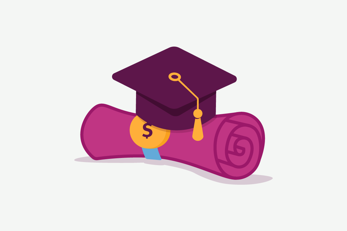 Illustration of diploma rolled up with a purple grad cap on top 