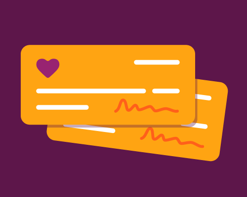 Illustration of two orange checks with a heart on them on a purple background