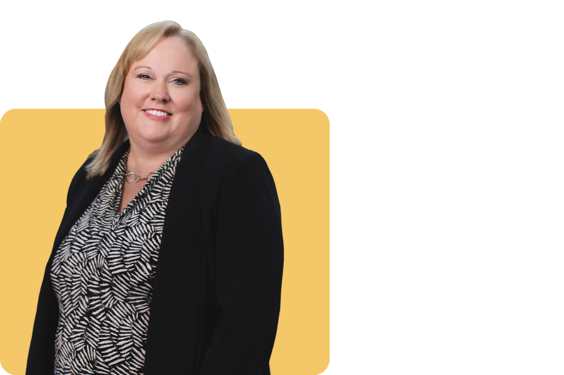 Banking officer Cheryl Conners on a yellow background