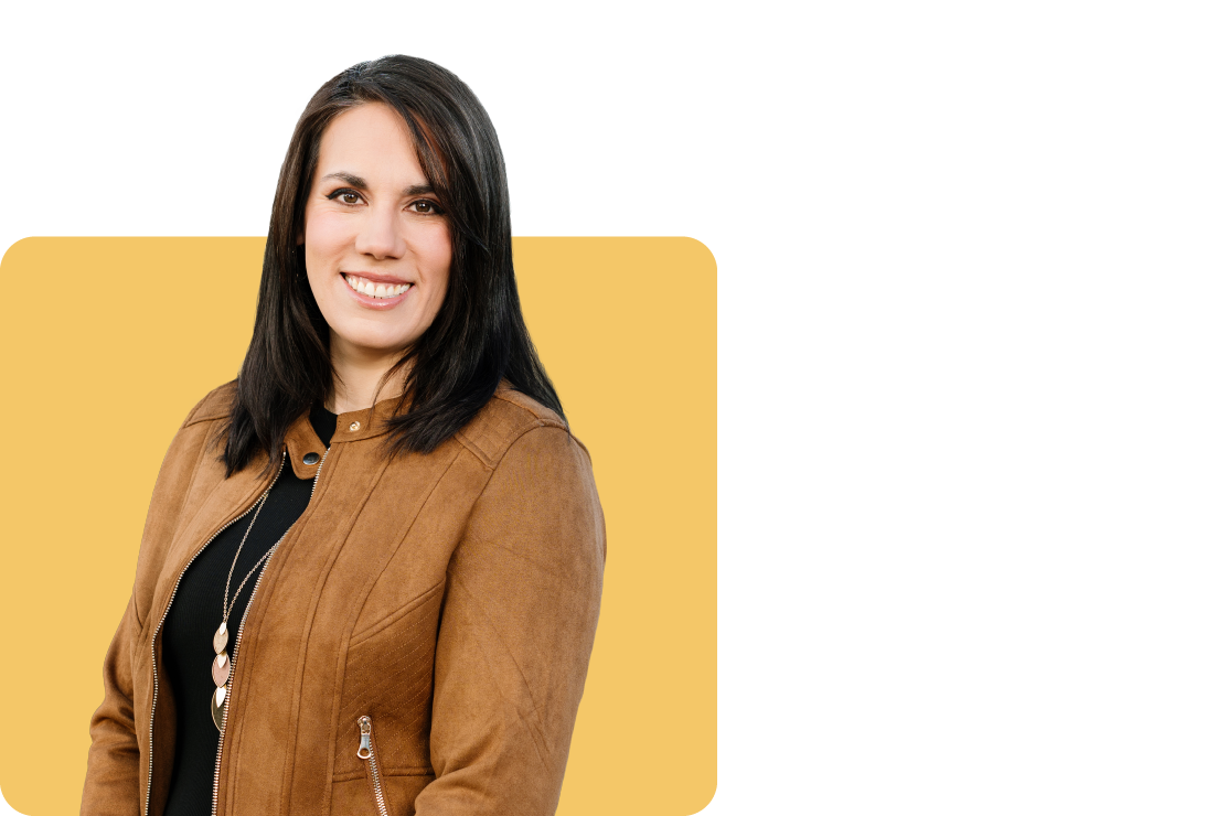 Photo of Michelle Mickelson on a yellow background