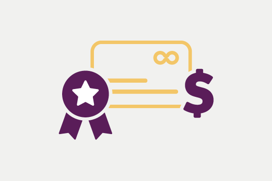 Illustration of a credit card, a ribbon and a dollar sign