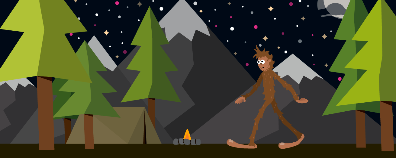 Illustrations of Bigfoot near a campfire with trees and mountains