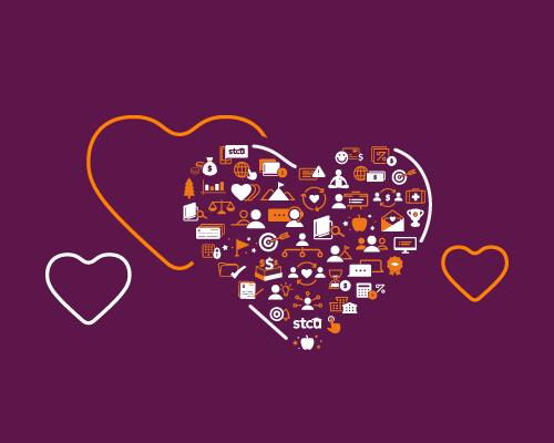 An illustration of heart on a purple background, with symbols of work and life at STCU at the center of the heart.
