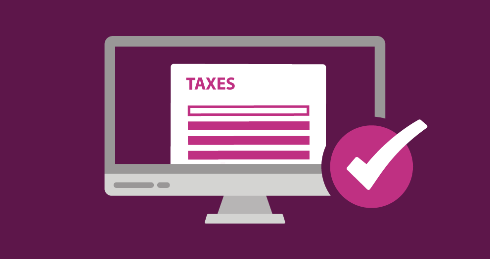 Illustration of taxes on a computer and a checkmark