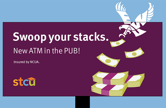 An illustration of an STCU billboard announcing a new ATM on the campus of Eastern Washington University.