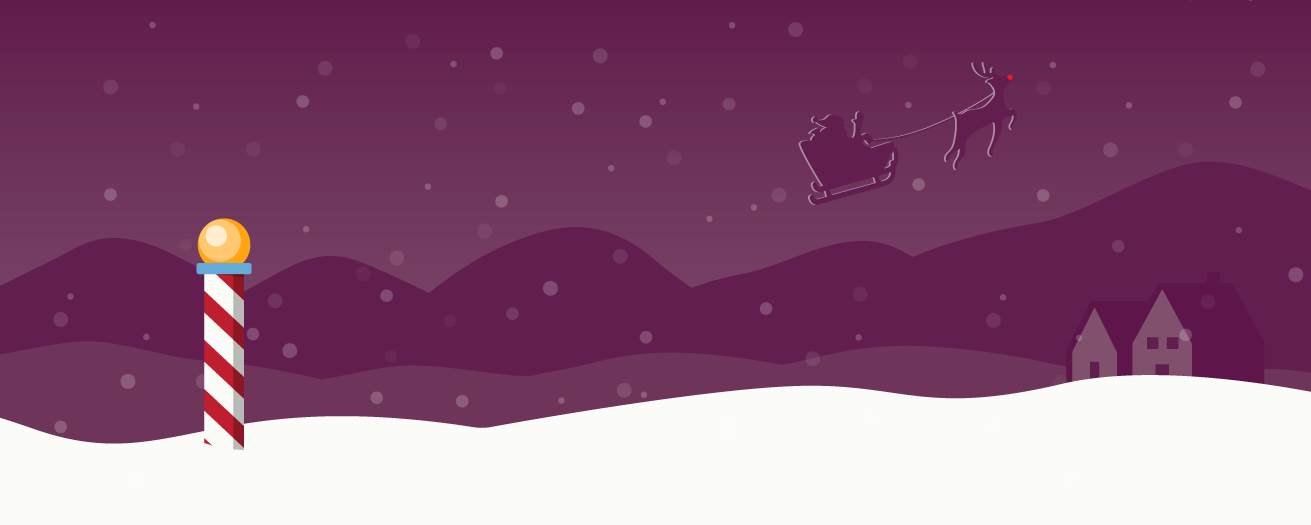 Illustration of snow with a candy cane pole and Santa and reindeer flying in the sky