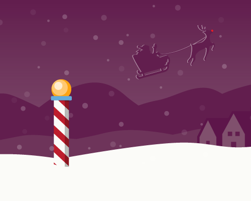 Illustration of snow with a candy cane pole and Santa and reindeer flying in the sky