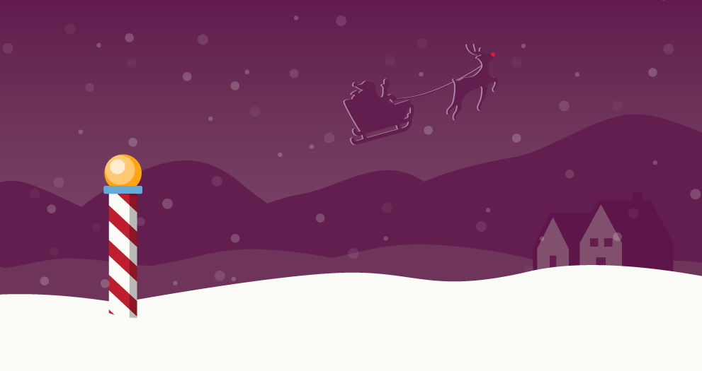 Illustration of snow with a candy cane pole and Santa and reindeer flying in the sky