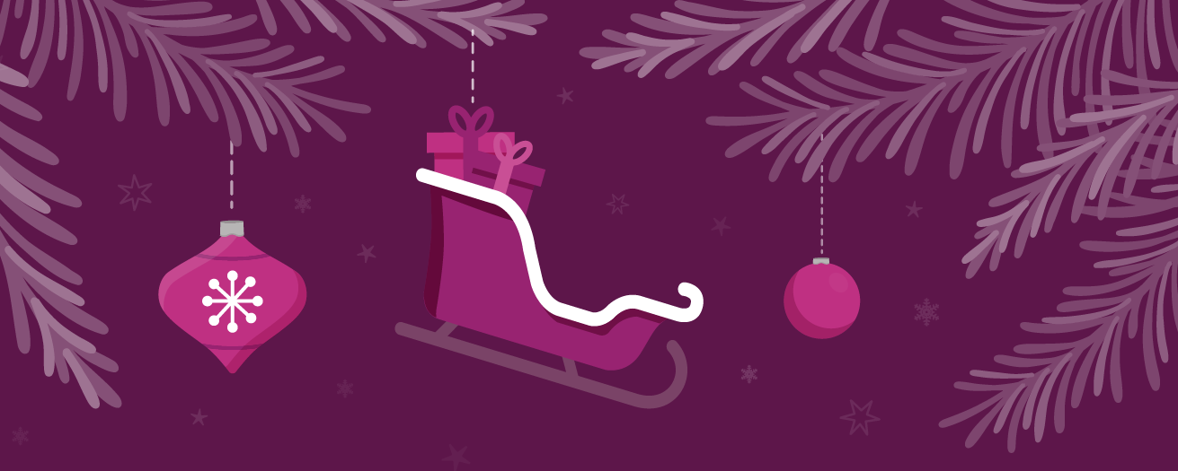 Illustration of snow with a candy cane pole and Santa and reindeer flying in the sky