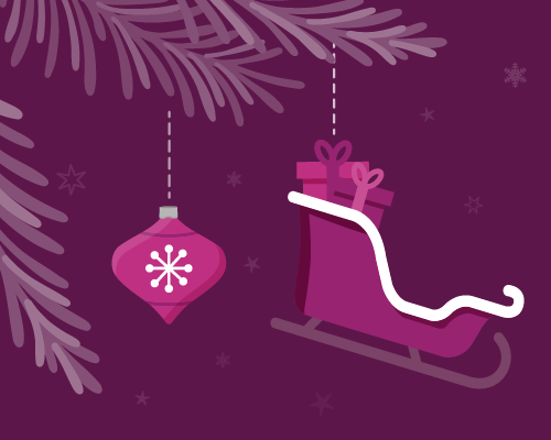 Illustration of snow with a candy cane pole and Santa and reindeer flying in the sky