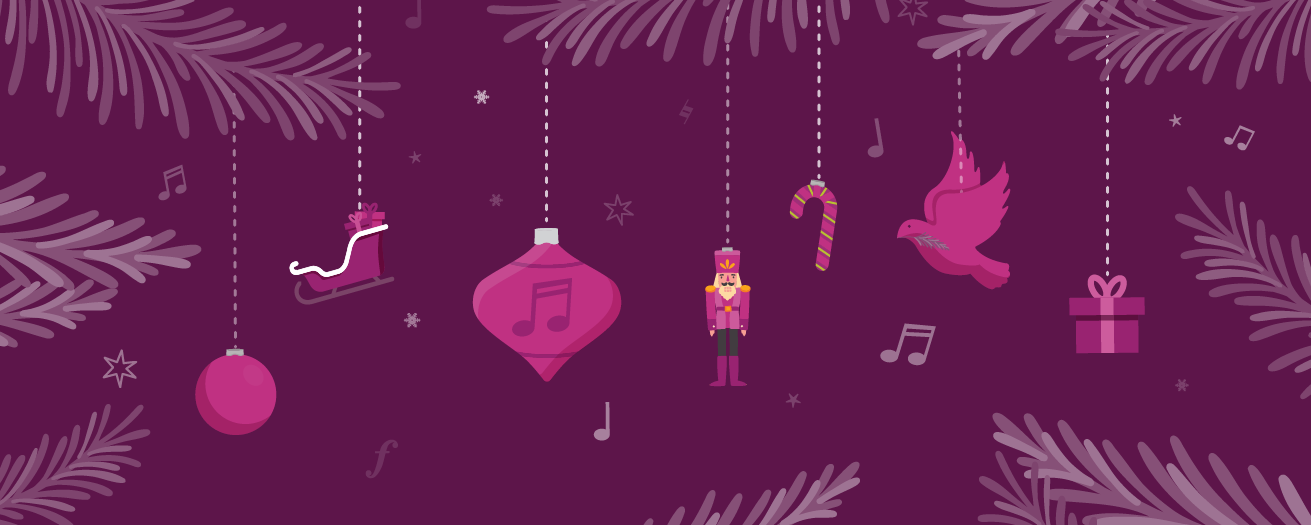 Illustration of a snowy night and Santa's sleigh in the sky