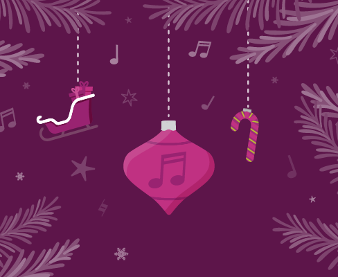 Illustration of a snowy night and Santa's sleigh in the sky