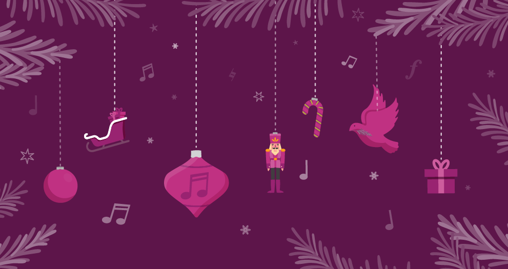 Illustration of a snowy night and Santa's sleigh in the sky