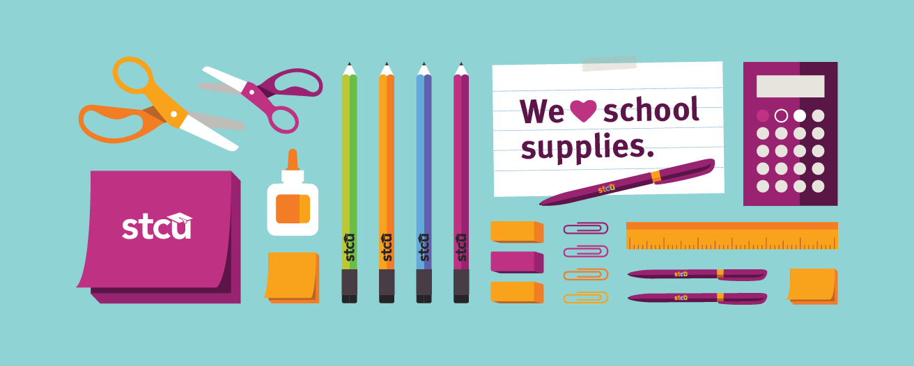 An illustration of different school supplies.