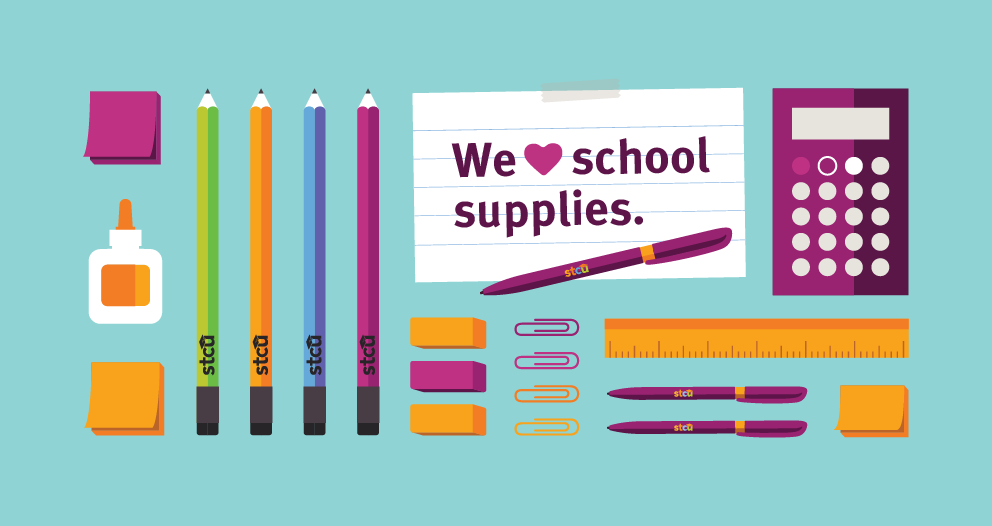 An illustration of different school supplies.