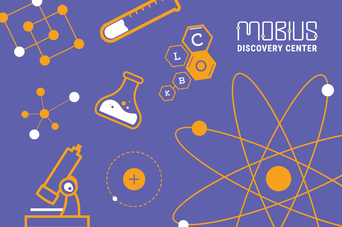 Orange science icons on a blue background