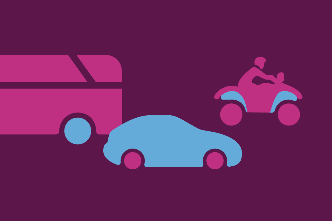 An illustration of a motorhome, car, and ATV.