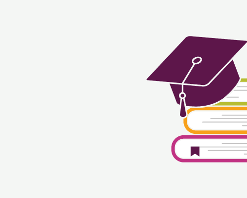 Illustration shows stack of books with a graduation cap on top of it