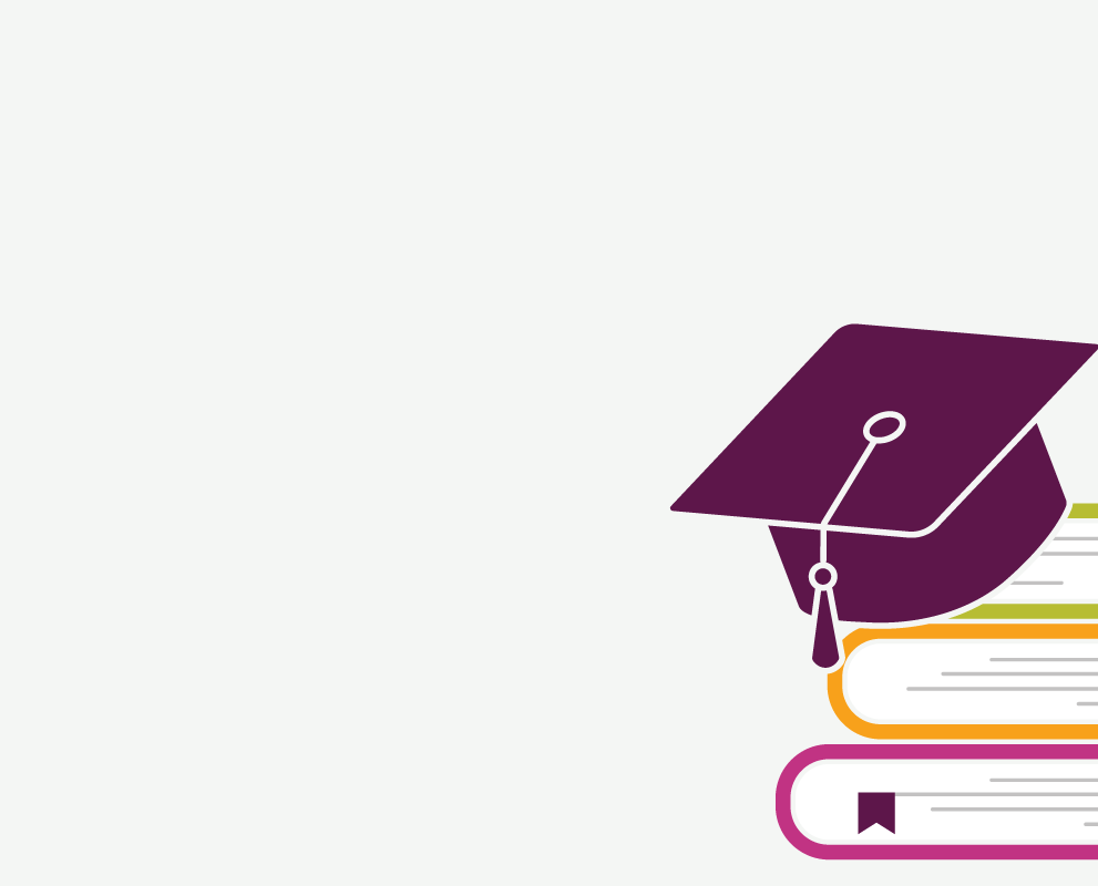 Illustration shows stack of books with a graduation cap on top of it