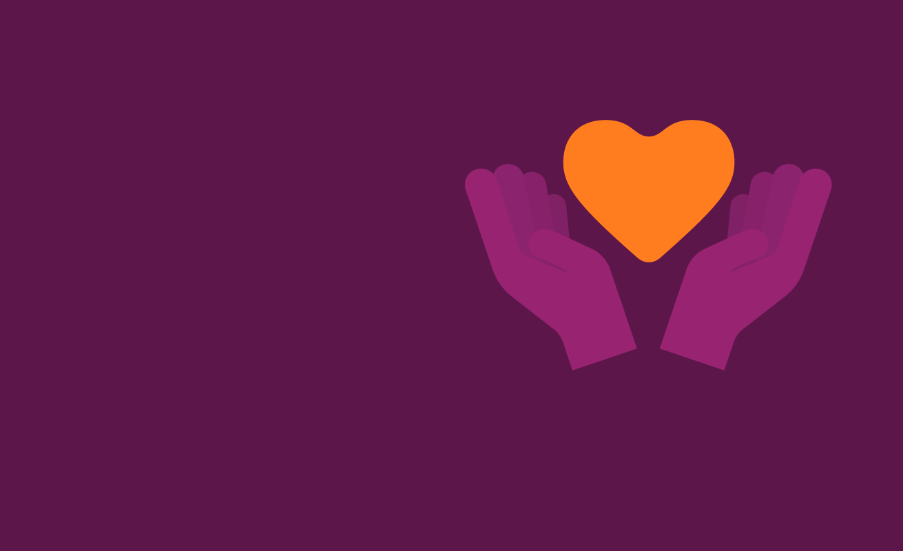 Heart and hands on dark purple background