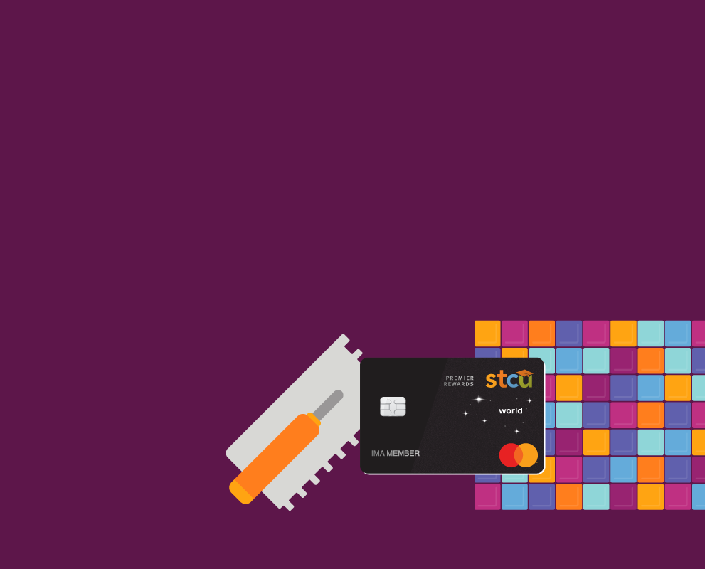 Graphic of a saw, credit card and multi-colored tile on purple background