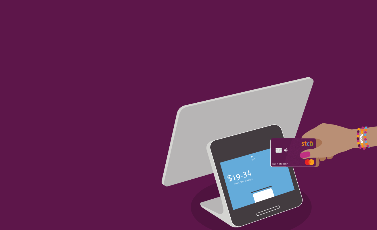 Illustration of hand tapping STCU debit card to pay 