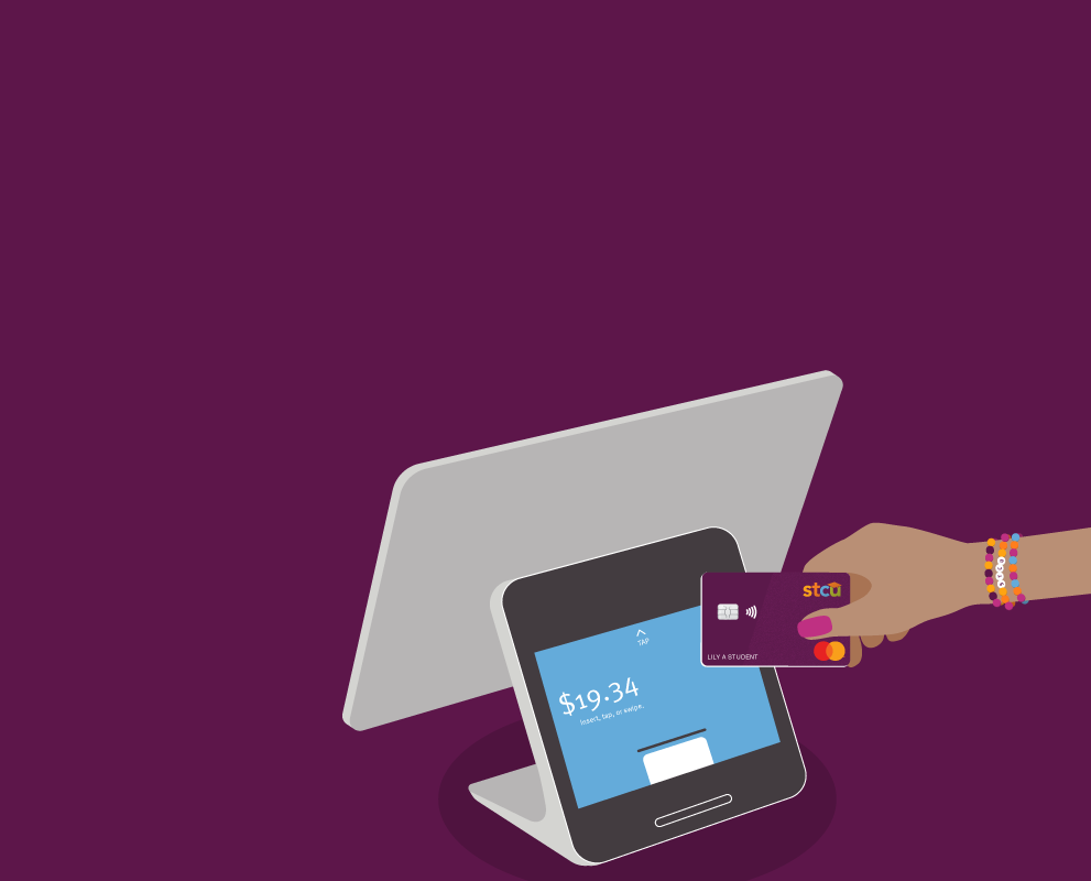Illustration of hand tapping STCU debit card to pay 