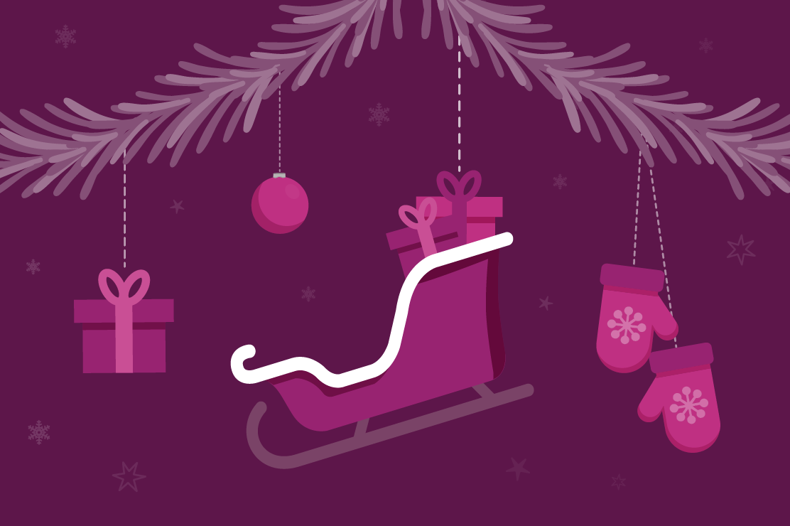 Illustration of sleigh and ornaments hanging from garland on purple background. 