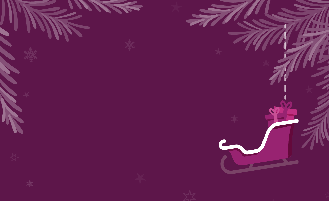 Illustration of sleigh hanging from garland on purple background. 