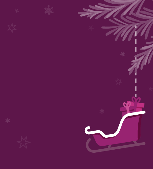 Illustration of sleigh hanging from garland on purple background. 