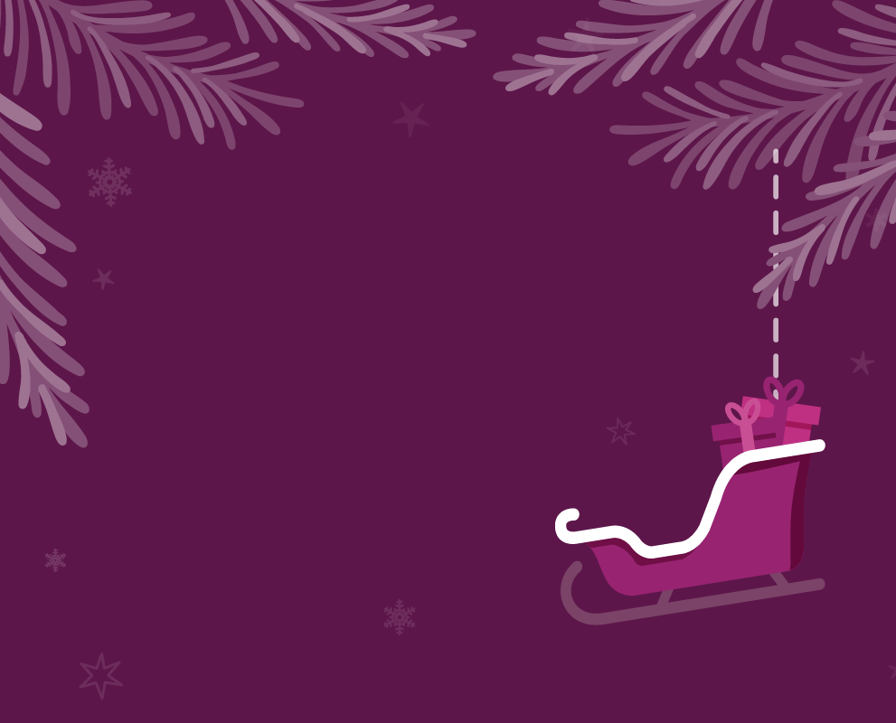 Illustration of sleigh hanging from garland on purple background. 