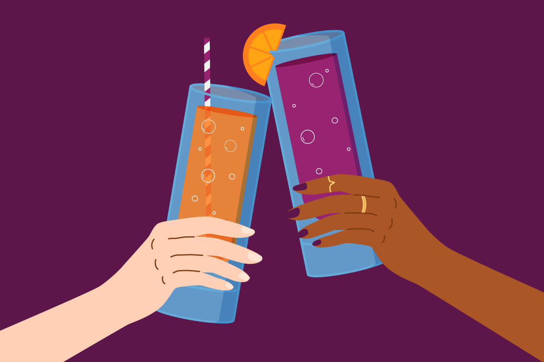 An illustration of hands holding drinks doing a toast