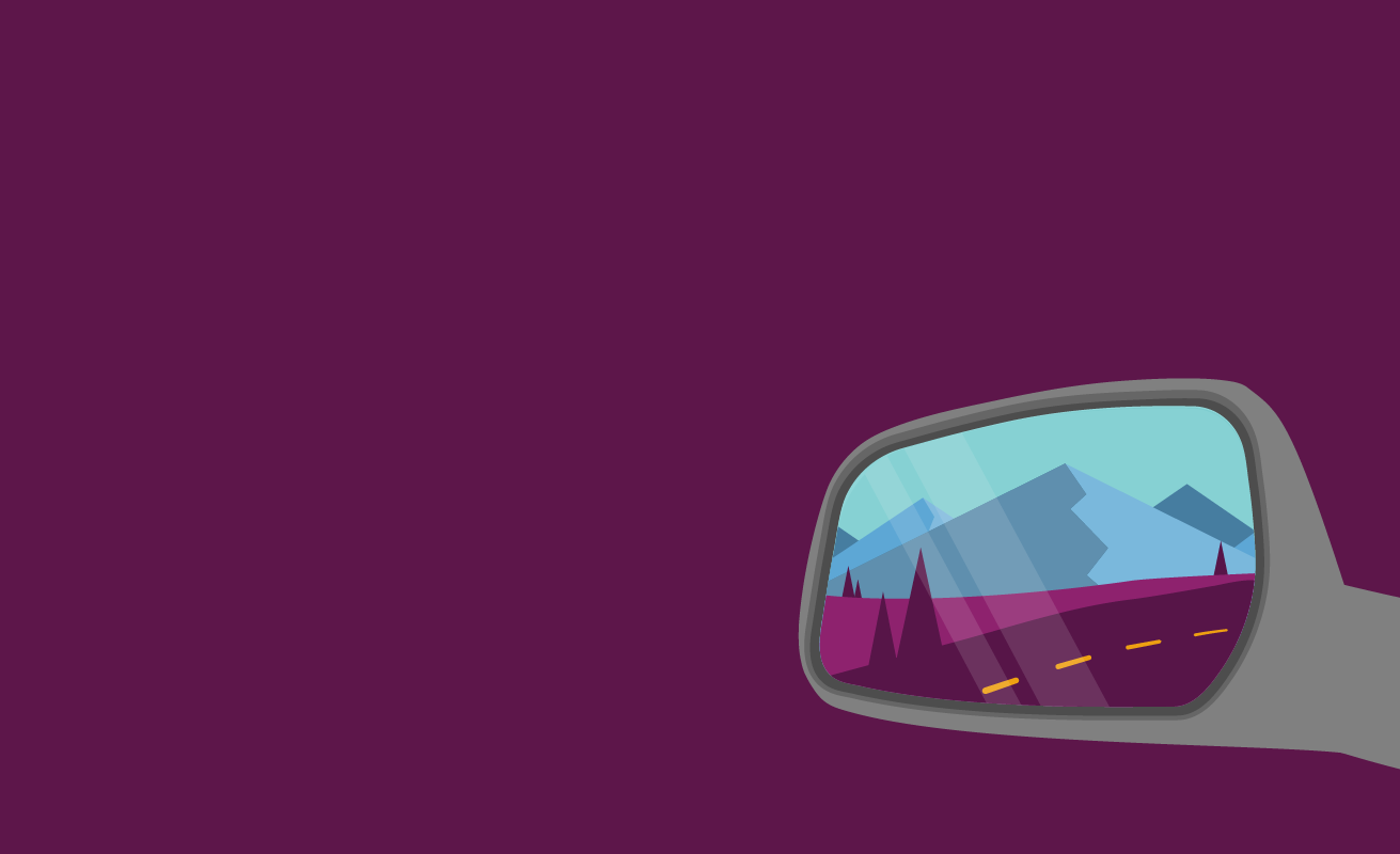 An illustration of car side mirror with mountains