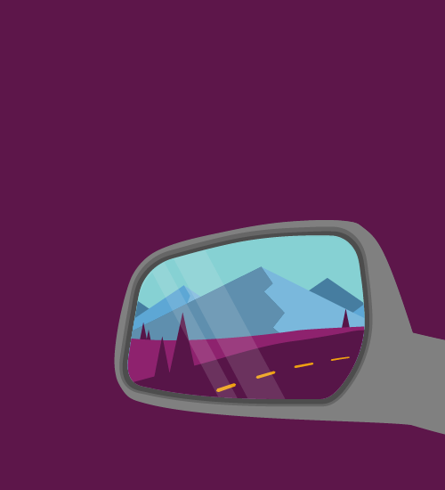 An illustration of car side mirror with mountains