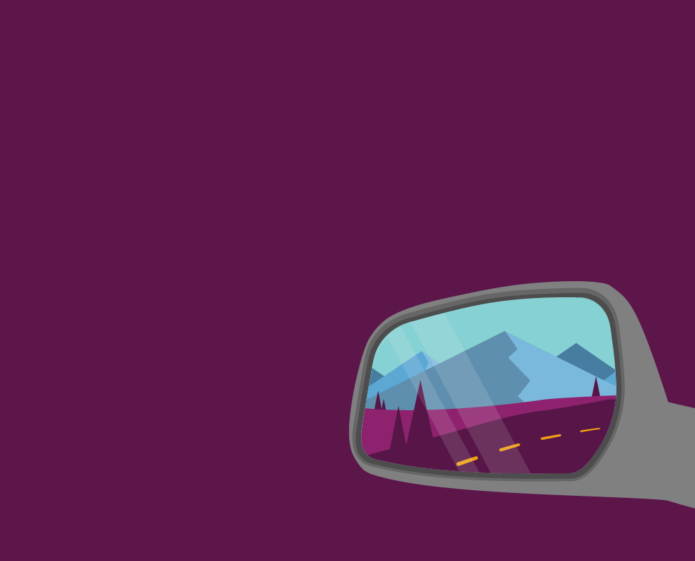 An illustration of car side mirror with mountains