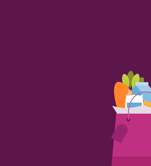 Illustration of grocery bag filled with food. 