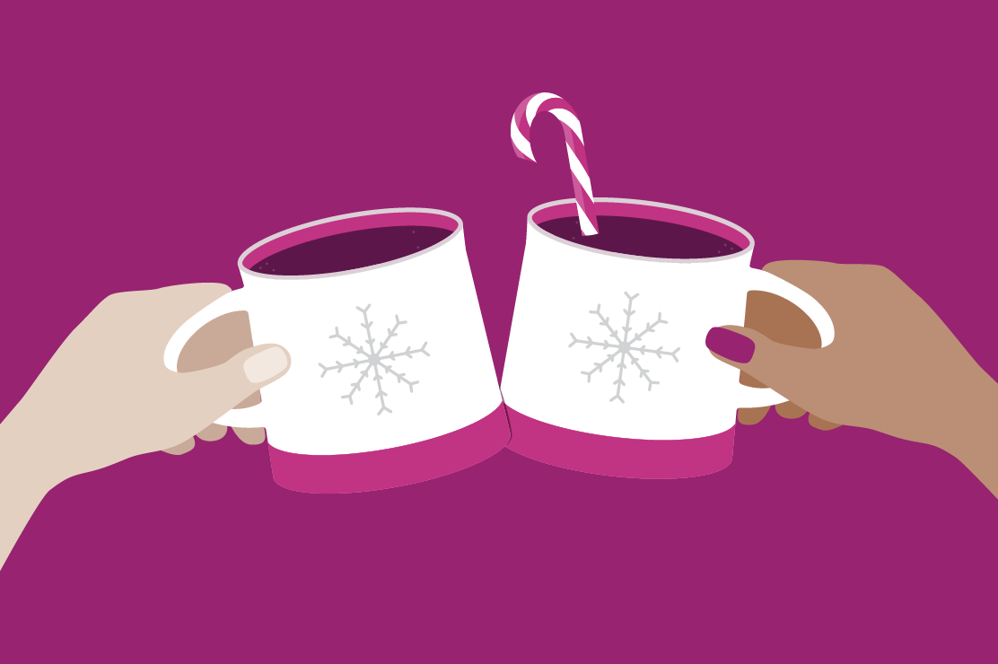 An illustration of hands toasting with hot chocolate and a candy cane in one of the cups. 