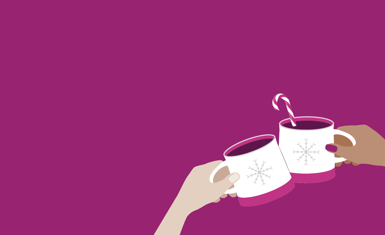 Illustration of two hands holding hot chocolate toasting each other, with a candy cane in one cup. 