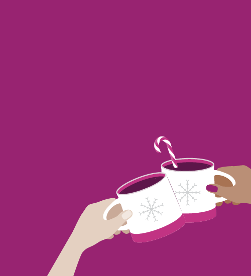 Illustration of two hands holding hot cocoa making a toast