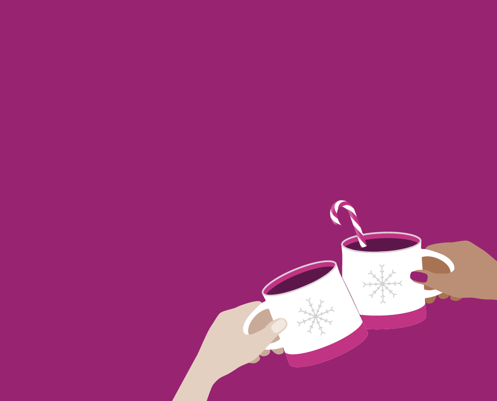 Illustration of two hands holding hot chocolate toasting each other, with a candy cane in one cup. 