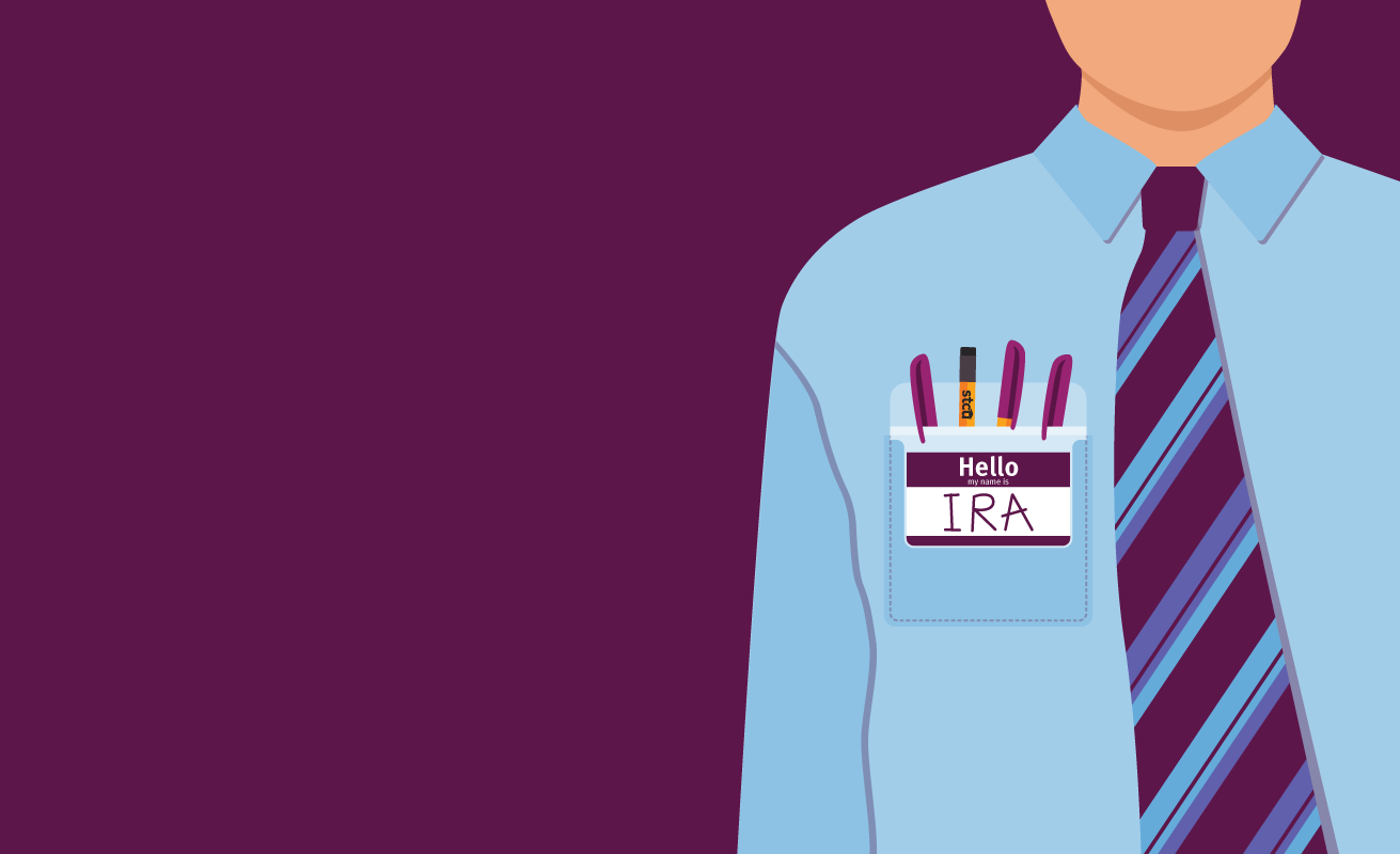 Illustration of a man wearing a nametag that says "IRA"