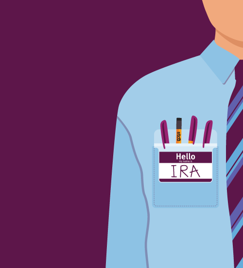 Illustration of a man wearing a nametag that says "IRA"