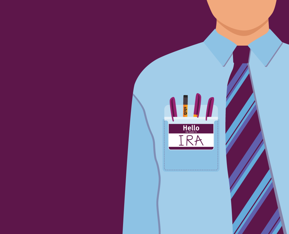 Illustration of a man wearing a nametag that says "IRA"