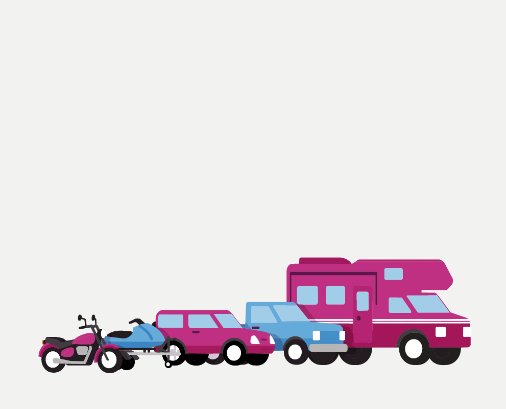 An illustration of a car, RV, and other vehicles