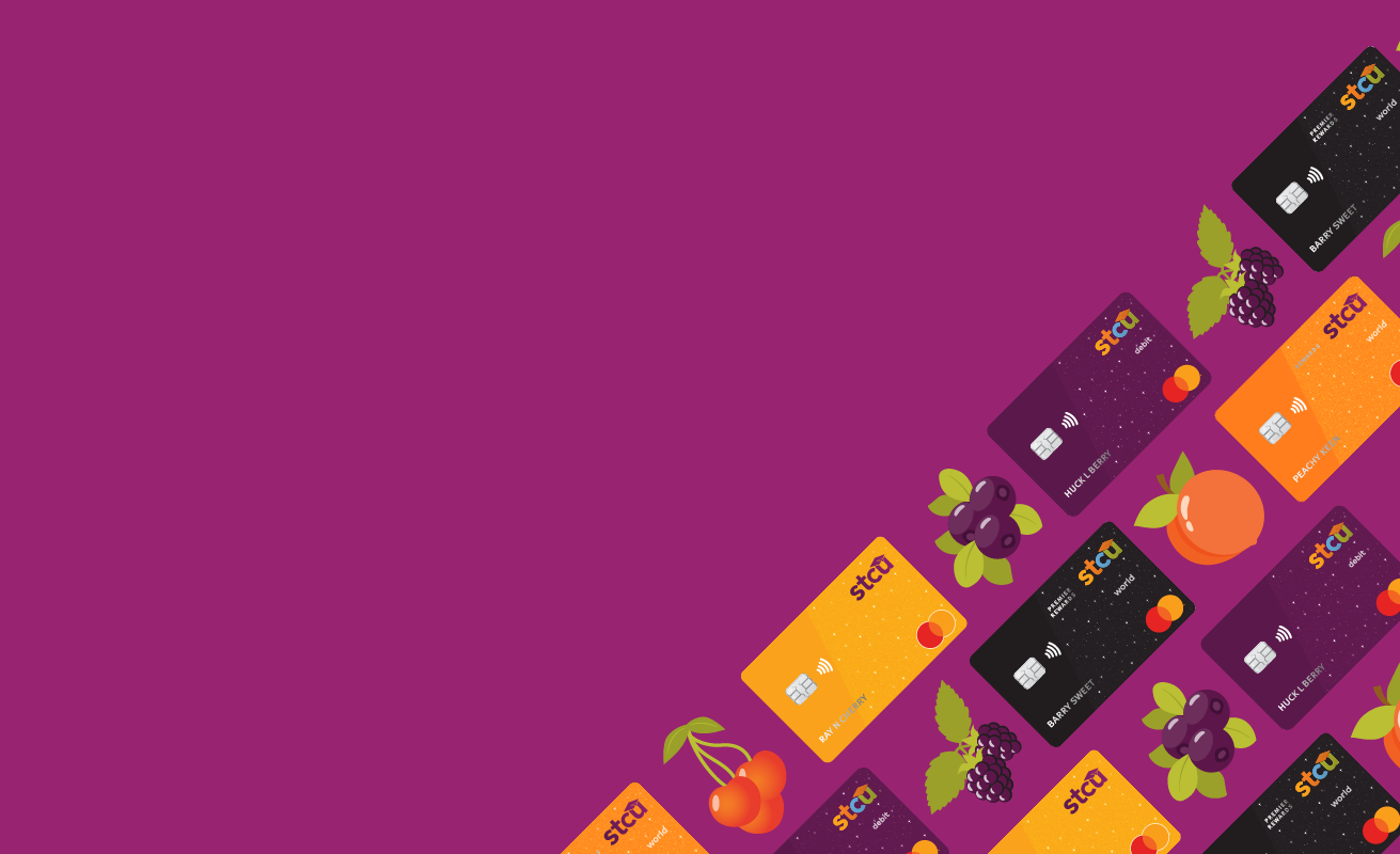 Illustration of credit cards in a diagonal pattern with fruits 