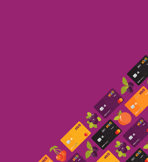 Illustration of credit cards in a diagonal pattern with fruits 