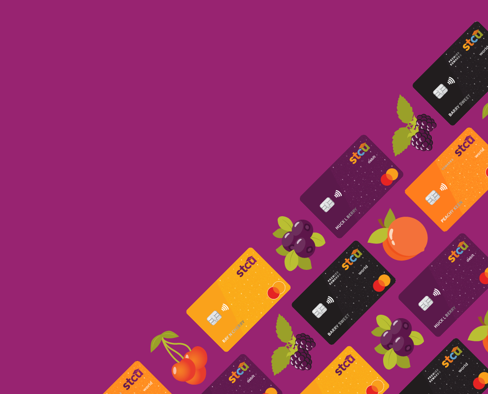 Illustration of credit cards in a diagonal pattern with fruits 