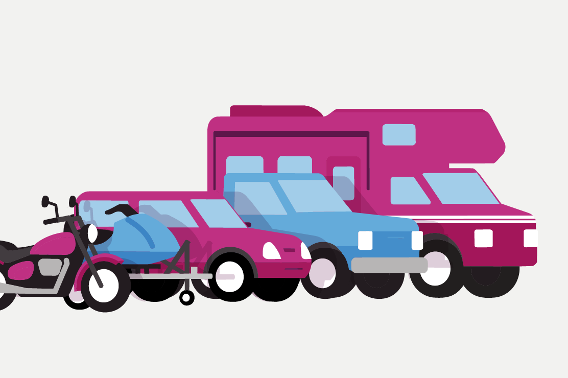An illustration of a motorhome, car, and ATV.